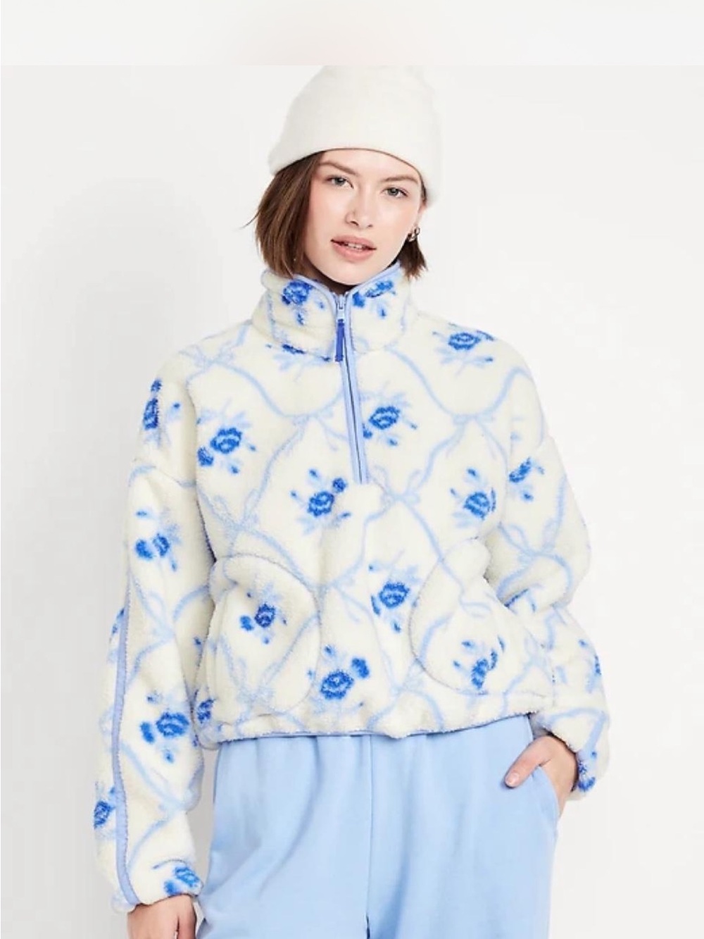 Old Navy Women's Cream & Blue Floral Sherpa Half-Zip Jacket